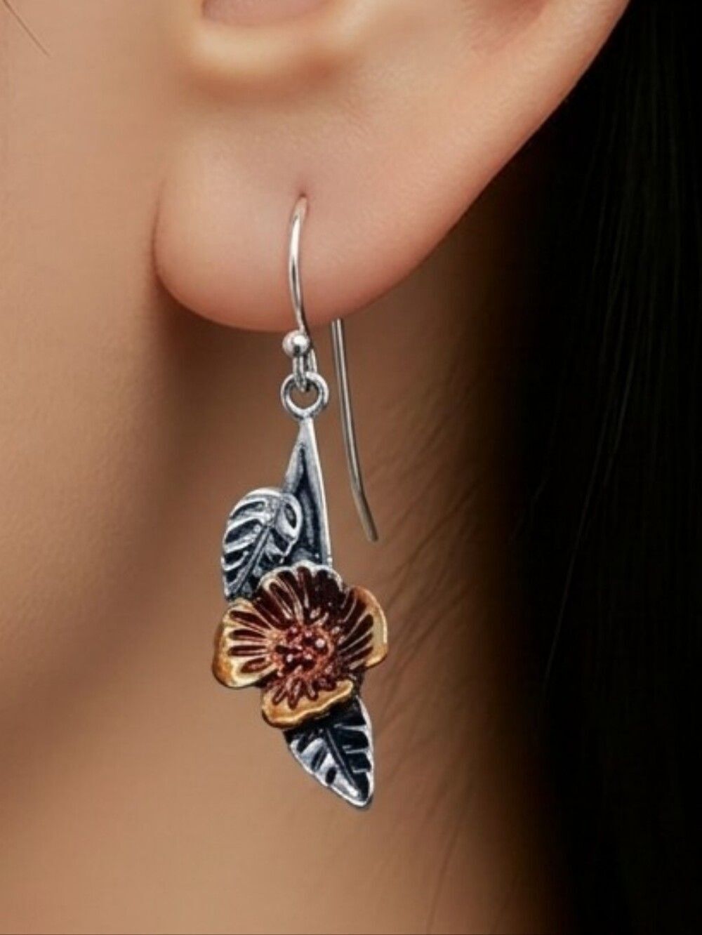 Two-Tone Tropical Floral Leaf Dangle Earrings – Silver & Rose Gold Jewelry NWT